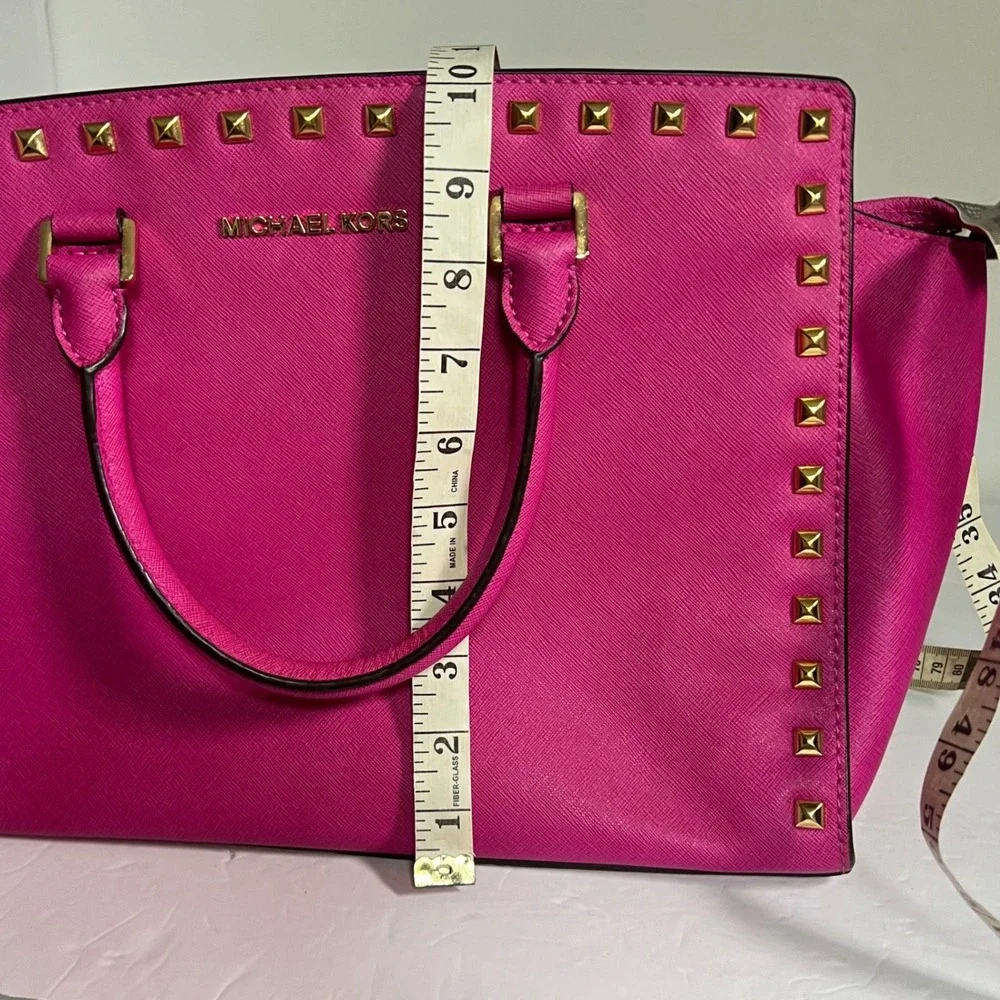Michael Kors Selma Satchel Women Medium Magenta Pink Studded Saffiano Leather